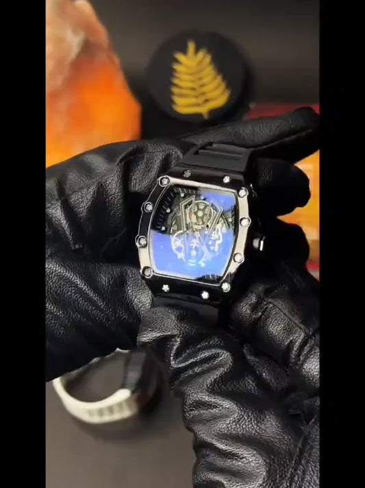 Richard Black Belt Skeleton Watch Black Rubber Strap
